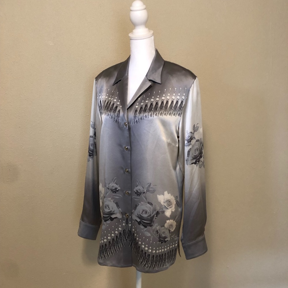Escada Vintage Grey Silk Button Down Blouse 38